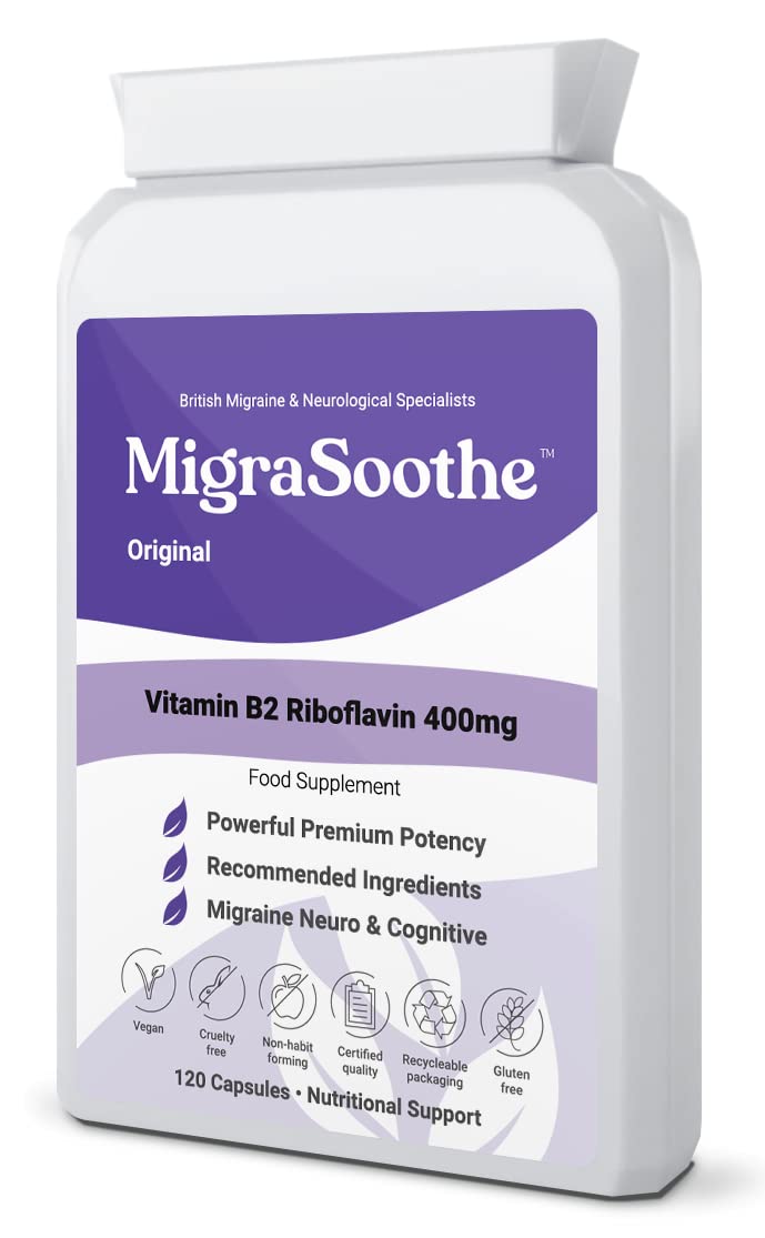 Premium Vitamin B2 Riboflavin 400mg per Capsule 120 Days Supply - Migrasoothe-B Pharma Manufacturing Standards UK Made Migraine Support, Stress, Tremors & Energy Vegan. Nice Recommended Vitamin B2 400 - BeesActive Australia