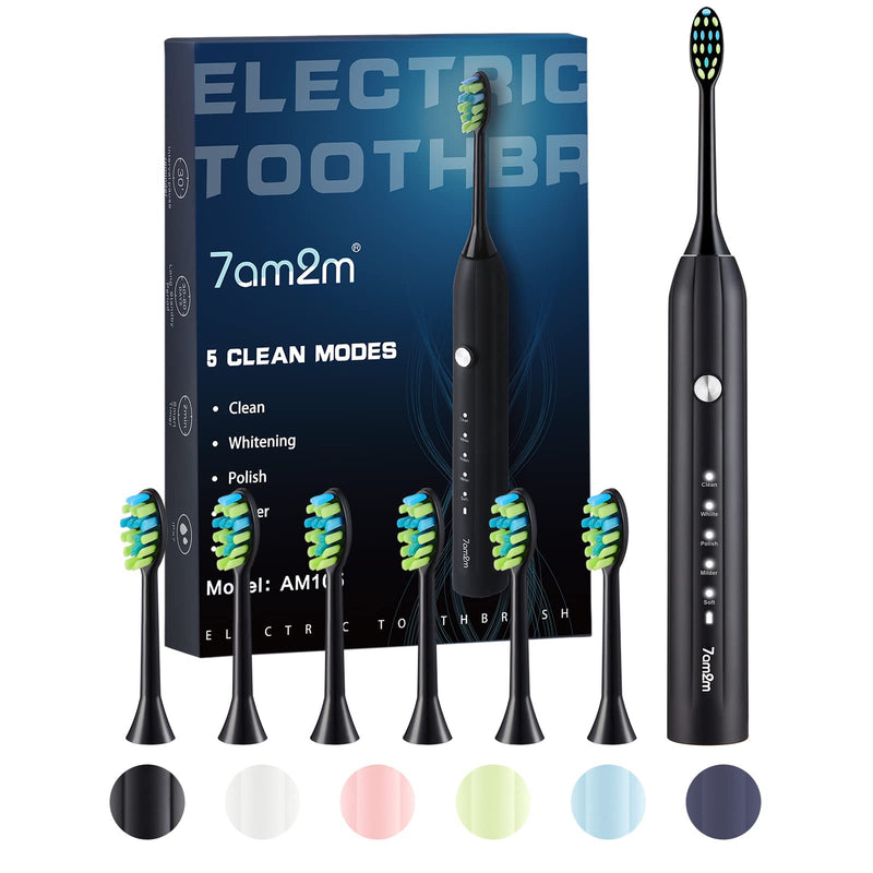 7AM2M Sonic Electric Toothbrush for Adults and Kids, One Charge for 90 Days, with 6 Brush Heads, 5 Modes with 2 Minutes Build in Smart Timer, Roman Column Handle Design (Black) No Travel Case Black - BeesActive Australia