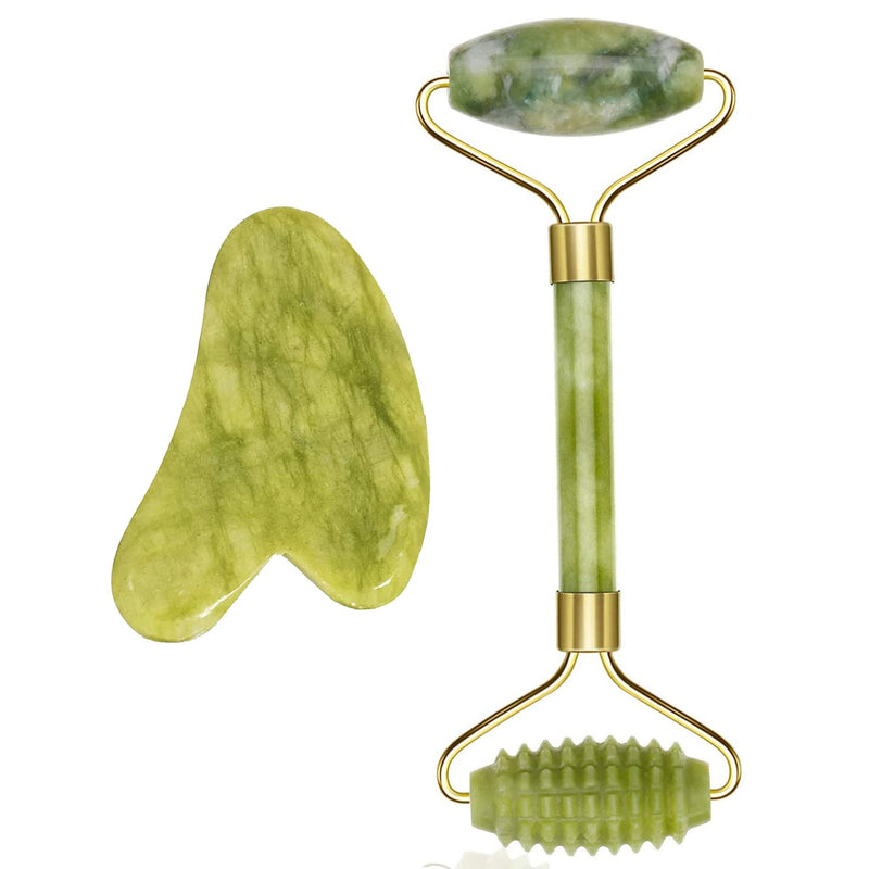 Jade Roller for Face and Gua Sha Set, Jade Roller, Gua Sha Massage Set, Face Roller for Eye Puffiness Treatment, Skin Tightening, Rejuvenate Face & Neck, Natural Green Slimming Massager (Roller-1) Roller-1 - BeesActive Australia