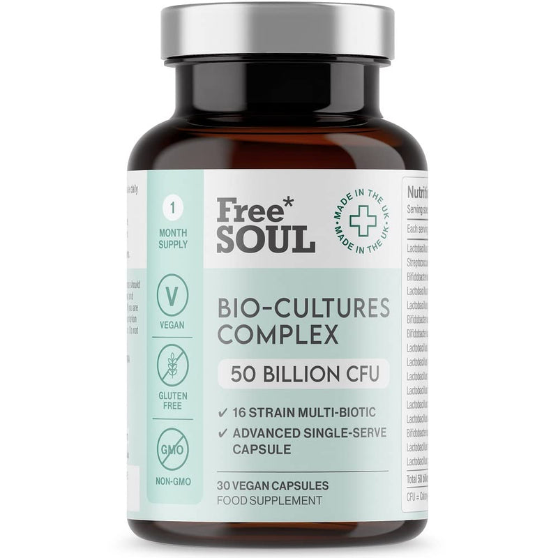 Super Strength 50 Billion CFU Advanced Pro Bio Cultures Complex with 16 Live Strains | Advanced Single Capsule Serving | Multi Strain Formula | Vegan Digestive Enzyme Supplement | UK Made - Free Soul - BeesActive Australia