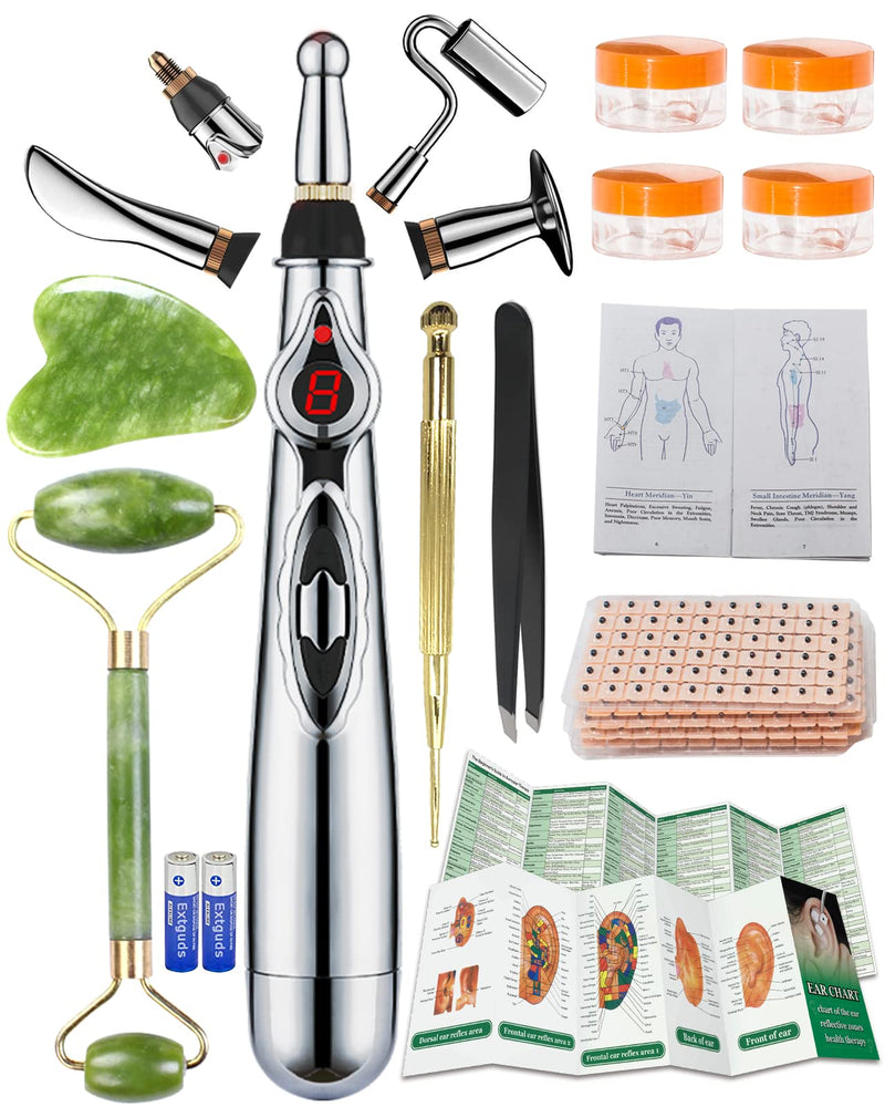 Acupuncture Super Set:5-Head Electronic Acupuncture Pen +Gua Sha Tool +600 Ear Seeds +Retractable Acupuncture Pen+4 x Extra Massaging Gel+Tweezers+Chart+Batteries (Acupuncture Set) Acupuncture Set(with Chart) - BeesActive Australia