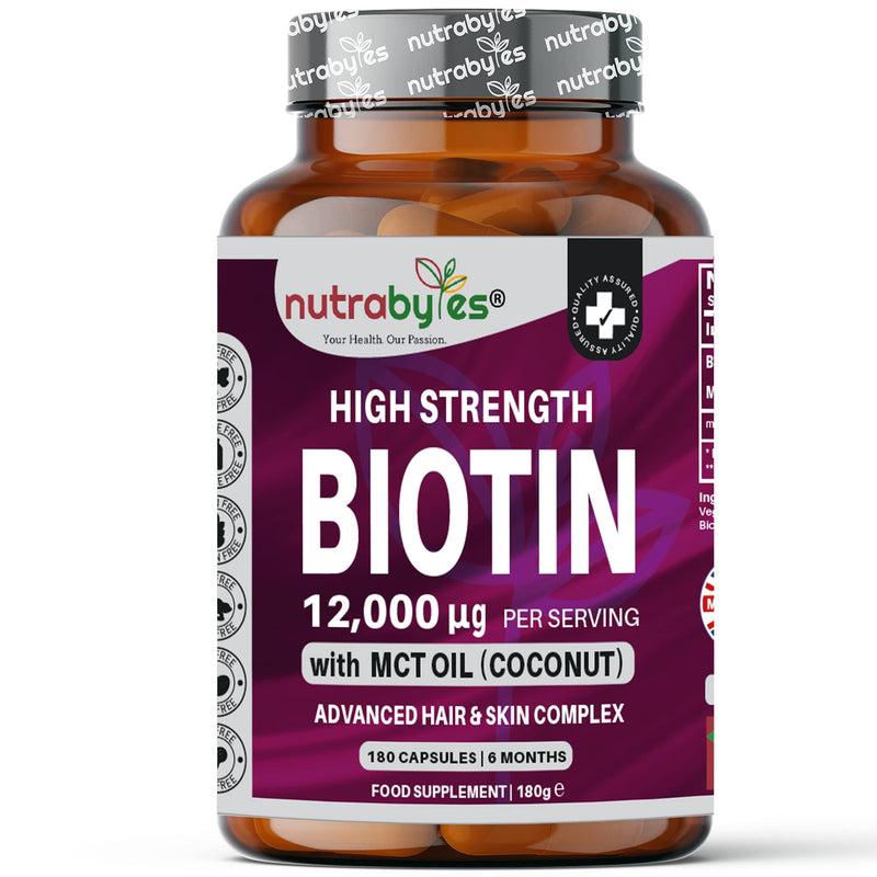 Biotin Hair Growth Supplement 12000mcg enriched with Coconut Oil (MCT) | 180 Vegan Capsules, 6 Months Supply | Hair Growth Supplement Capsules for Men & Women, Healthy Skin, Hair, Nails, Made in UK - BeesActive Australia