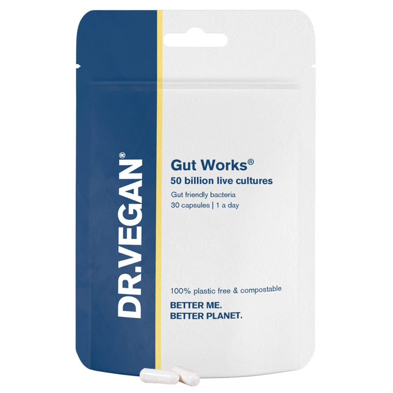 DR.VEGAN Gut Works� | 50bn Live Cultures | Pre & Probiotic | 30 Vegan Friendly Capsules | One-A-Day | 6 clinically studied strains - BeesActive Australia