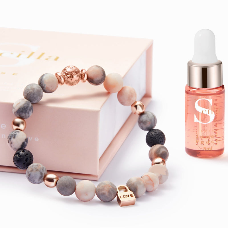 Anti-Anxiety Bracelet for Women- Crystal Bracelet, Lava Rock and Love Lock Charm - Good Sleep Essential Oil - Beaded Wellness Bracelet - Relaxation, Aromatherapy Gifts for Women – Gift Box Pink Zebra Jasper - BeesActive Australia