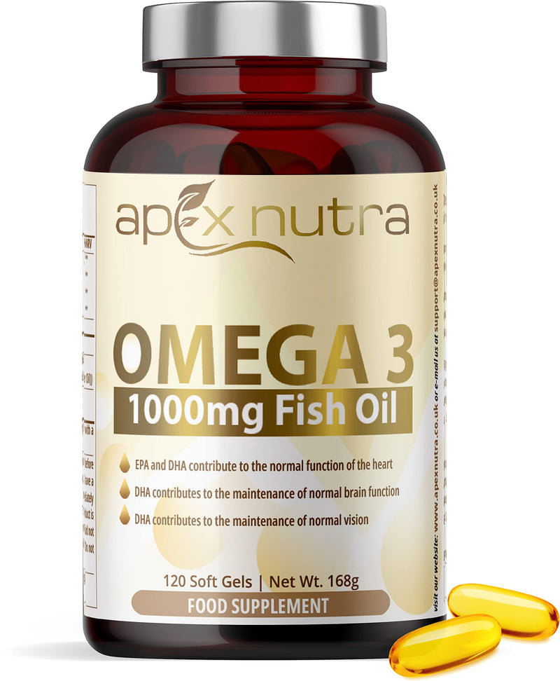 High Strength Omega 3 1000mg Capsules - 4 Month Supply of Easy to Swallow Omega 3 Fish Oil Capsules with 330mg EPA & 220mg DHA - Fish Oil Omega 3 Supplement - Made in The UK by Apex Nutra - BeesActive Australia
