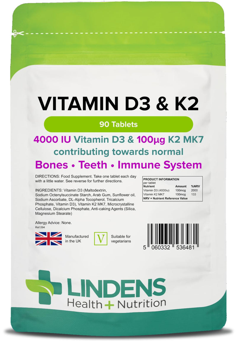 Lindens Vitamin D3 4000IU & MK7 K2 | 90 Tablets | UK Made | Immune Health, Bones, Teeth, Muscle, Blood Calcium Absorption | High Strength Vitamin D & K2 Supplement | 3 Months Supply | Vegetarian - BeesActive Australia