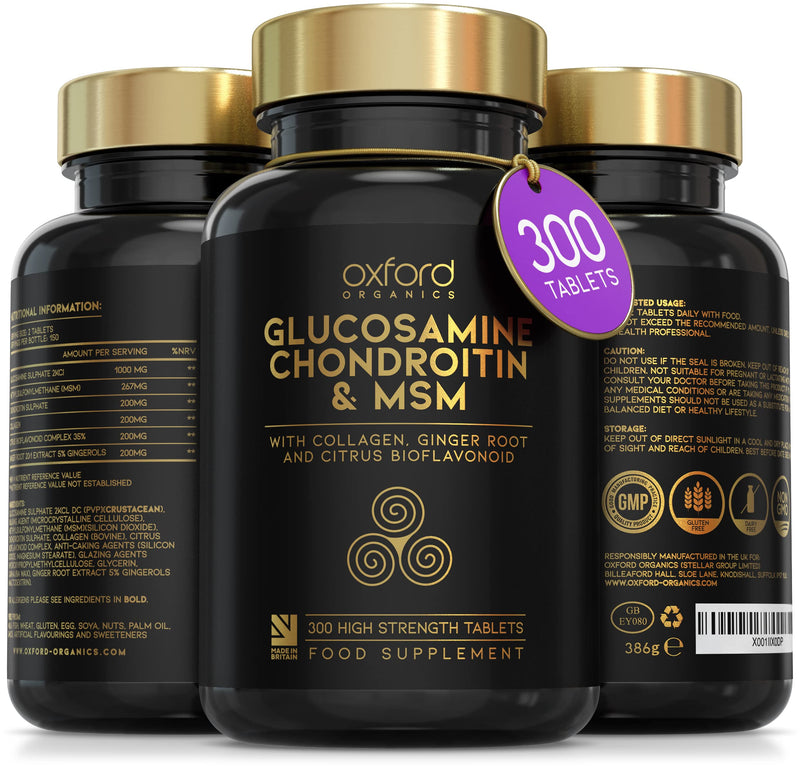 Glucosamine and Chondroitin MSM Tablets High Strength | 300 Glucosamine Sulphate Tablets - with Collagen, Citrus Bioflavonoid and Ginger Root Extract | Glucosamine Tablets Men and Women Made in the UK 300 Count (Pack of 1) - BeesActive Australia