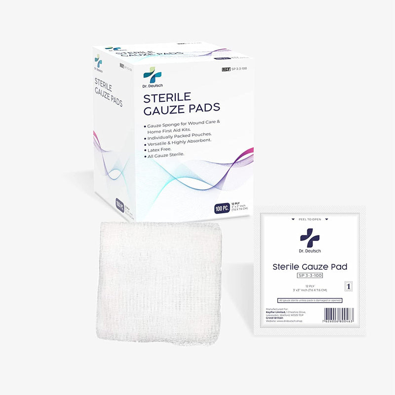 DR. DEUTSCH Sterile Gauze Pads 7.5 x 7.5 cm for Wound Dressing 100 Individually Packed Pouches, 12-Ply Cotton & Highly Absorbent, Gauze Sponge-Pads for Wound Care & Home First Aid Kits 7.5 x 7.5 cm (Pack of 100) - BeesActive Australia