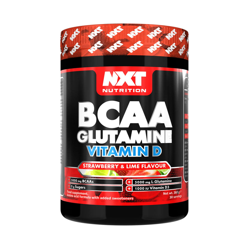 NXT Nutrition BCAA, Glutamine & Vitamin D | BCAAs Amino Acids with Vitamin D3 and L-Glutamine - for Recovery, Gut Health and Muscle Protein Synthesis | 360g - 30 Servings (Strawberry Lime) - BeesActive Australia