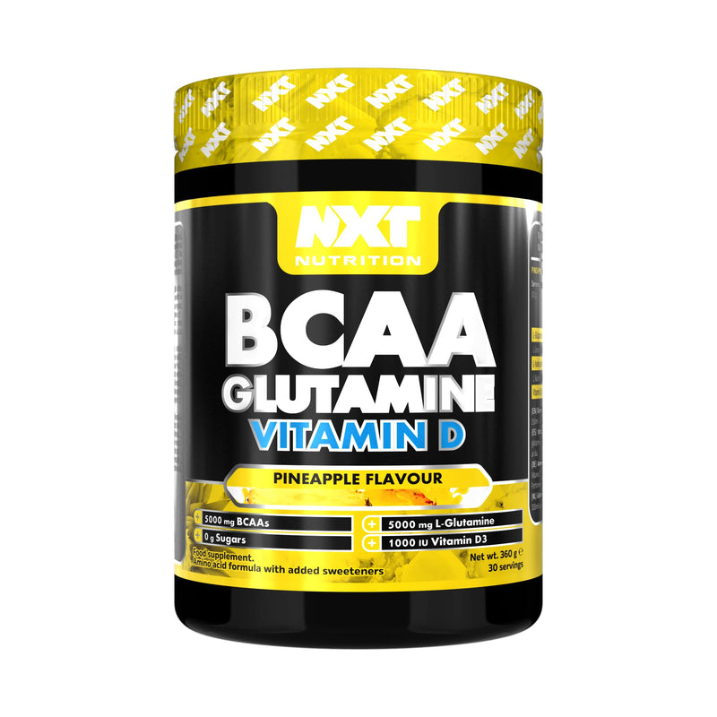 NXT Nutrition BCAA, Glutamine & Vitamin D | BCAAs Amino Acids with Vitamin D3 and L-Glutamine - for Recovery, Gut Health and Muscle Protein Synthesis | 360g - 30 Servings (Pineapple) - BeesActive Australia