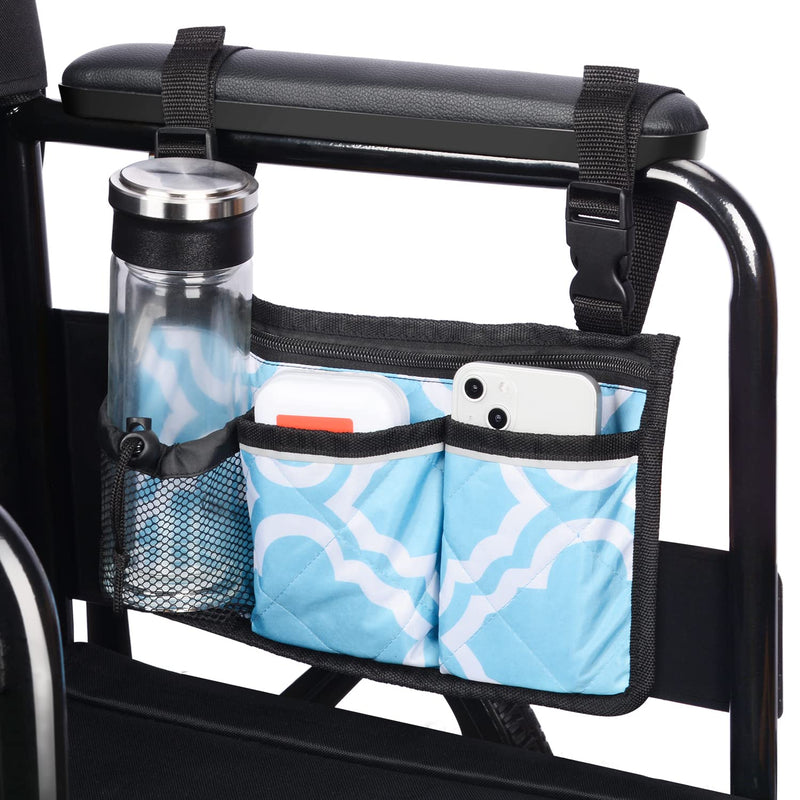 supregear Wheelchair Armrest Side Bag with cup holder and Reflective Stripes, 6 Pocket Walker Rollator Baby Stroller Waterproof Organizer Bag, Camping Chairs Armrest Bag, Bedside Hanging Storage Bag Blue - BeesActive Australia