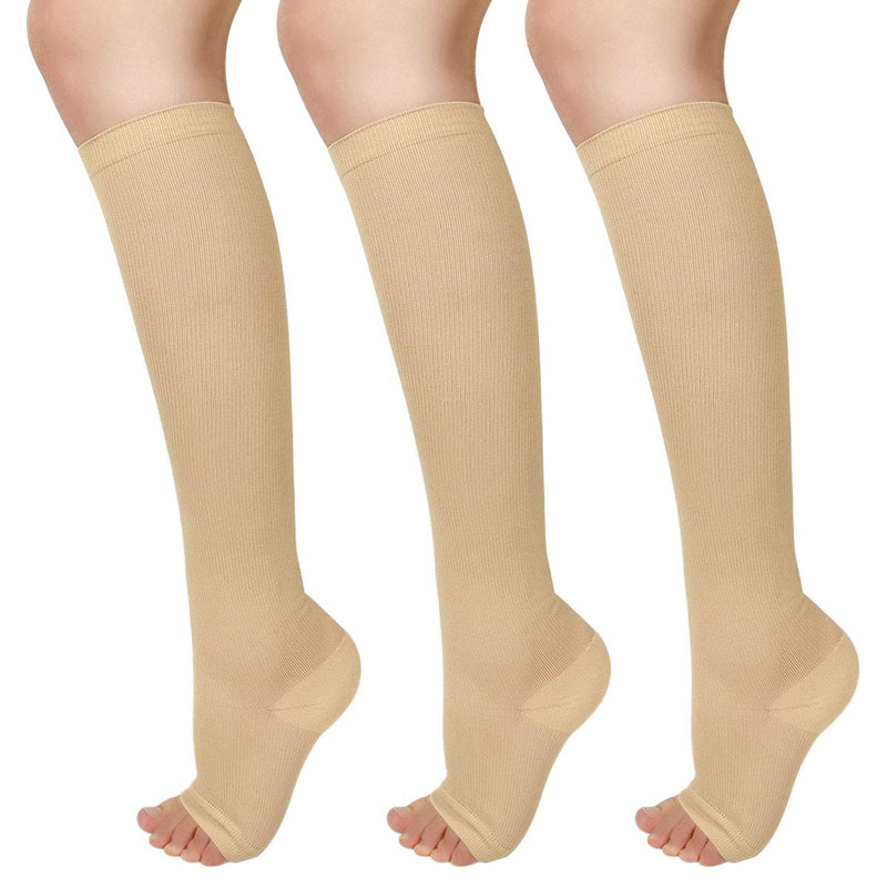 Evolyline 3 PAIRS Compression Socks for Women & Men, Open Toe Medical Compression Stockings Knee High 15-25mmHg for Nurses Running Flying Pregnancy Flight Sports, Fit for Swollen Ankles Varicose Veins Beige L-XL - BeesActive Australia