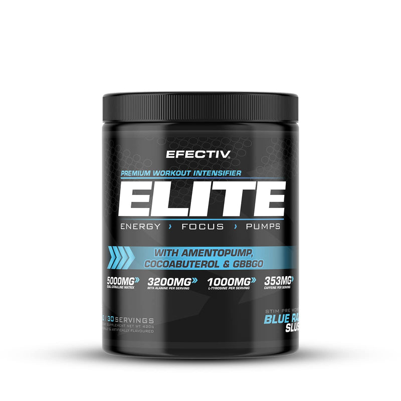 Efectiv Elite Premium Pre Workout Intensifier - Enhanced Energy - Helps Focus - Provides Pumps - with Amentopump, Cocoabuterol and GBBGO - 420grams (Blue Razz Slush) Blue Razz Slush - BeesActive Australia