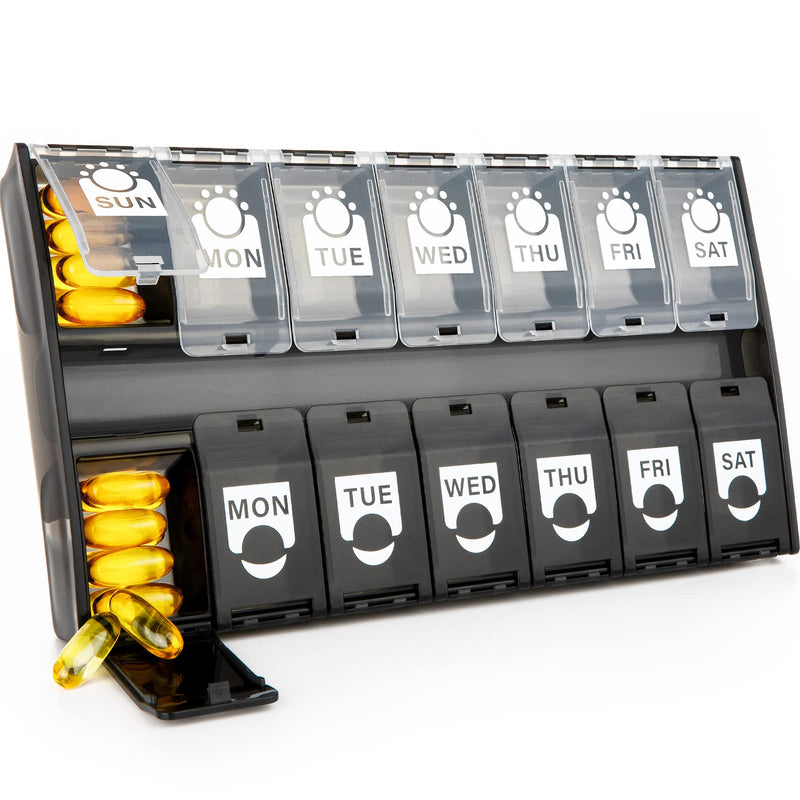 XL Large Weekly Pill Organizer 2 Times A Day, Hinged Lids Daily Vitamin Pill Box Holder Am Pm,Big Pill Container 7 Day, Medication Aid Organizer Twice A Day Small Medicine Organizer for Supplyment Black - BeesActive Australia