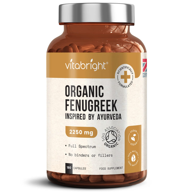 Organic Fenugreek Capsules - 2250mg High Strength - 180 Capsules (60 Day Supply) - Supports Healthy Blood Sugar Levels and Healthy Cholesterol Levels - Vegan - Made in The UK by VitaBright - BeesActive Australia