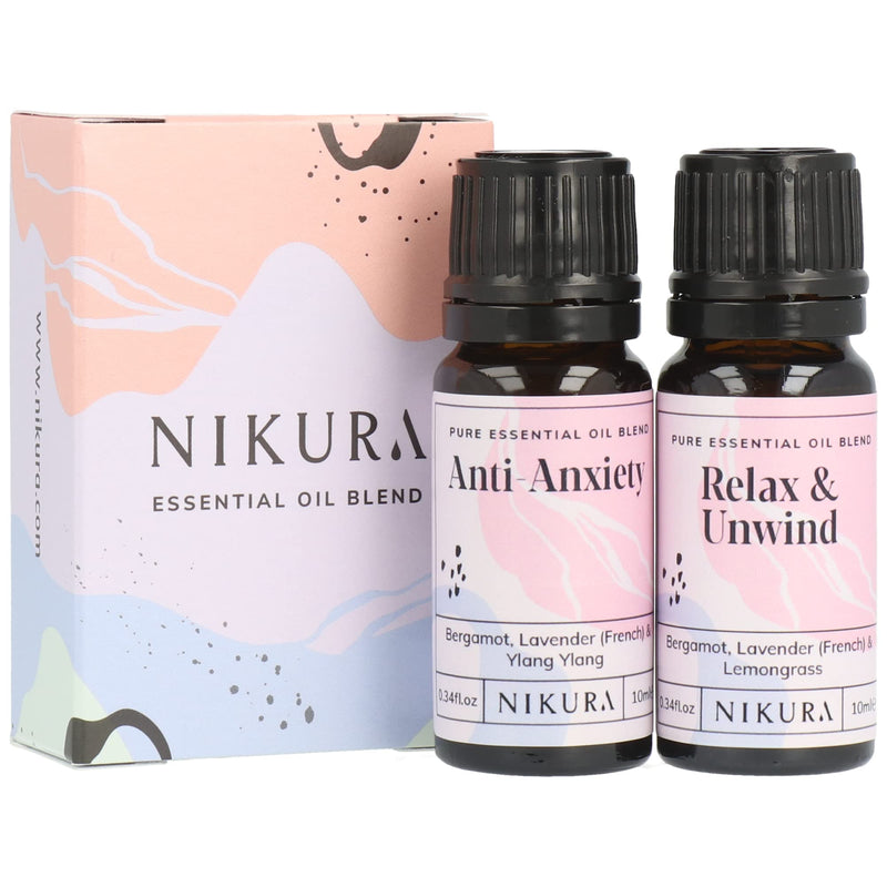 Nikura | Anti-Anxiety & Relax & Unwind (2 x 10ml) Essential Oil Blends Set | For Diffusers for Home, Sleep, Aromatherapy, Soap & Candle Making Scents, Wax Melts, Burner Oil, Vegan, 100% Pure & Natural - BeesActive Australia