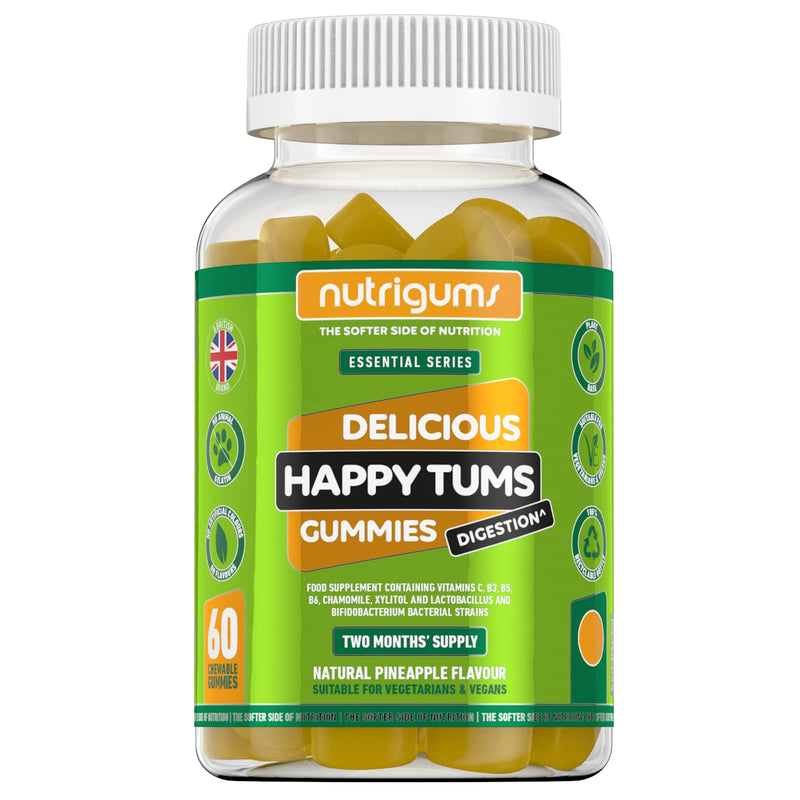 Happy TUMS (Probiotics) 60 Vegan Gummies Pineapple Flavour | Gut & Digestive Health 1.25 Billion CFU Probiotics, Vitamins C, B3, B5, B6, Chamomile and Xylitol | Adults + Kids Age 5+ by NUTRIGUMS� - BeesActive Australia