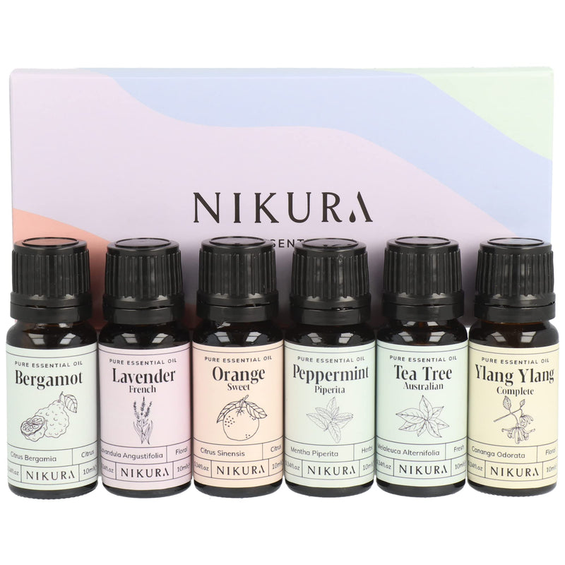 Nikura Best Sellers Essential Oil Gift Set - 6 x 10ml | Essential Oils for Diffusers for Home, Aromatherapy, Sleep, Cleaning, Skin, Spiders | Lavender, Sweet Orange, Peppermint, Tea Tree & Ylang Ylang - BeesActive Australia