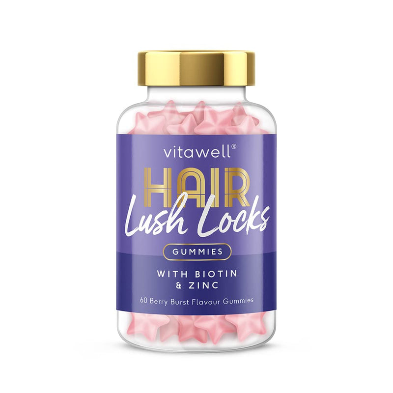 Vitawell Hair Lush Locks Gummies | 60 Vegetarian Mixed Berry Flavour Gummies | 2 a Day | Biotin with Zinc & Vitamin E | 1 Month Supply | by Vitawell - BeesActive Australia