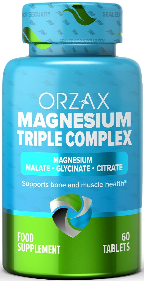 ORZAX Magnesium Complex, High Absorption, 200 mg Triple Mag Glycinate, Malate & Citrate, Magnesio Helps for Muscle Relaxation, Sleep, Leg Cramps & Mood, Gluten & Dairy Free, 60 Tablets (60 Day Supply) - BeesActive Australia