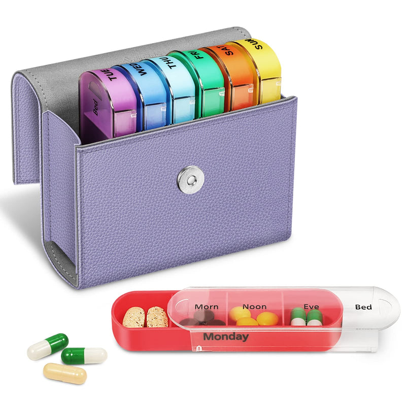 FINPAC 7 Day Pill Organisers Box 4 Times A Day with PU Leather Case, Slide Open Weekly Travel Medicine Vitamin Pill Reminder and Planner with Name Card for Morning| Afternoon| Evening| Bedtime, Lilac Purple - BeesActive Australia