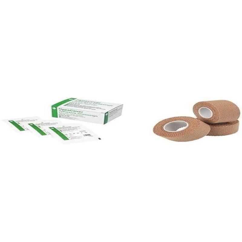 HypaCover Adhesive Dressing - Medium, 8.6x6cm (Pack of 25) and HypaBand Tan EAB Tape, Small (2.5cm x 4.5m) - Pack of 3, Bundle - BeesActive Australia