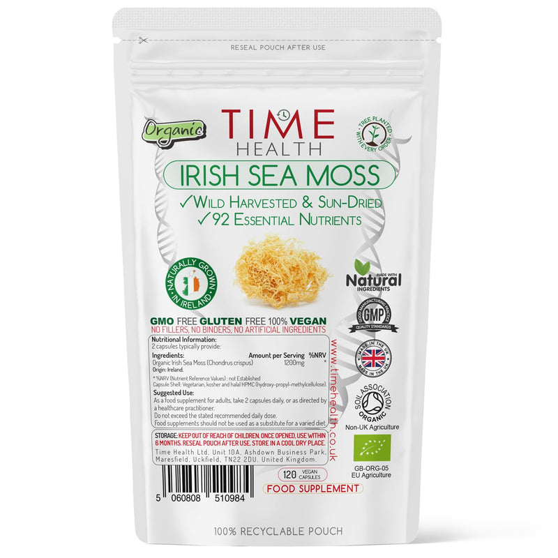 Organic Irish Sea Moss (Chrondrus crispus) - 120 Capsules - Wild Harvested from Irish Waters - Source of 92 Essential Nutrients - Iodine - Dr. Sebi - UK Made - GMP - Zero Additives 120 Count (Pack of 1) - BeesActive Australia
