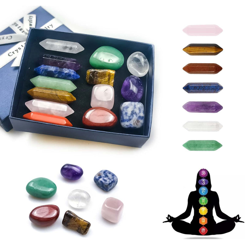 Chakra Stone Healing Crystals Set in Box, Natural Reiki Healing Crystal Points Gemstone Wand Set for Meditation Crystal Therapy Anxiety Relief Balancing Yoga Crystals and Gemstones for beginner(14pcs) - BeesActive Australia