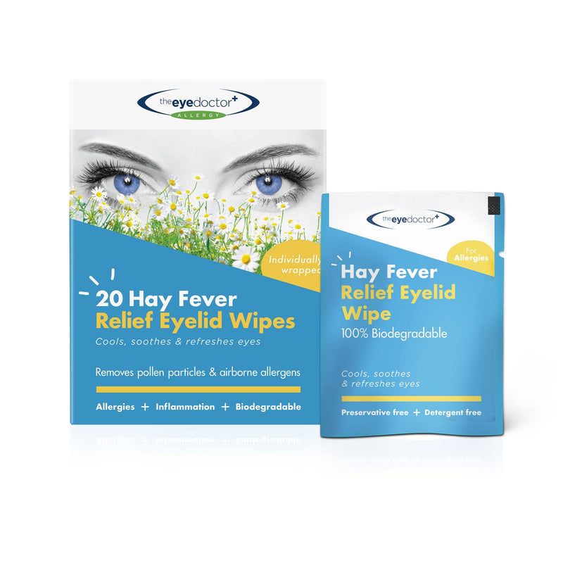 The Eye Doctor Hay Fever Relief Eyelid Wipes - 20x Single Use Eye Wipes for Allergy & Hayfever - Inflammation, Watery Itchy Eyes, Headaches & Migraines - Cooling Soothing Relief 20 Count (Pack of 1) Allergy Wipes - BeesActive Australia