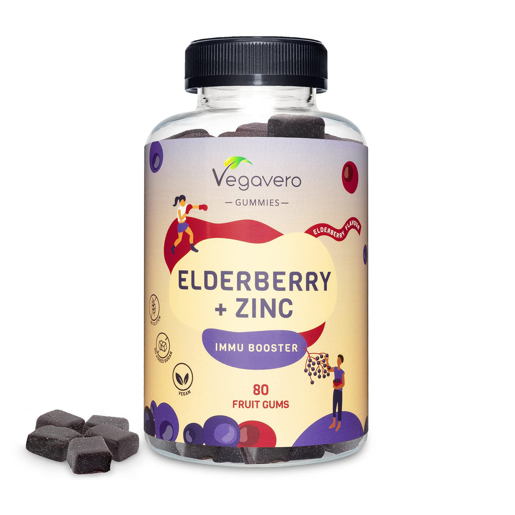Black Elderberry Gummies Vegavero� | with Zinc | Vegan | NO Sugar, Additives nor Gelatine | Immune Support for Adults & Kids | Natural Fruit Concentrates | Sambucus Nigra | 80 Fruit Gums - BeesActive Australia