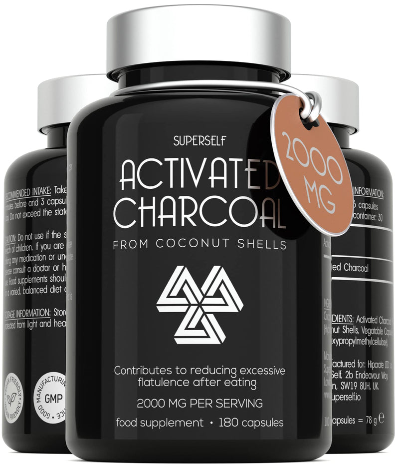 Activated Charcoal Tablets 2000mg - High Strength Charcoal Tablets for Flatulence - 180 Capsules Pure Charcoal from Wild Coconut Shells - 6 Capsules Serving - Active Charcoal Supplement for Adults - BeesActive Australia
