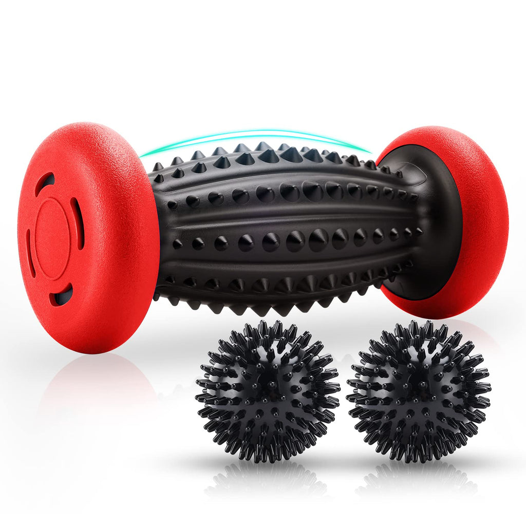 HOFASON Foot Roller Massage Ball for Plantar Fasciitis Relief, Foot Arch Pain, Myofascial Pain and Body Muscle Pain, Foot Massager Reflexology Tool, 1 Foot Massage Roller & 2 Spiky Balls (Black Red) Black Red - BeesActive Australia