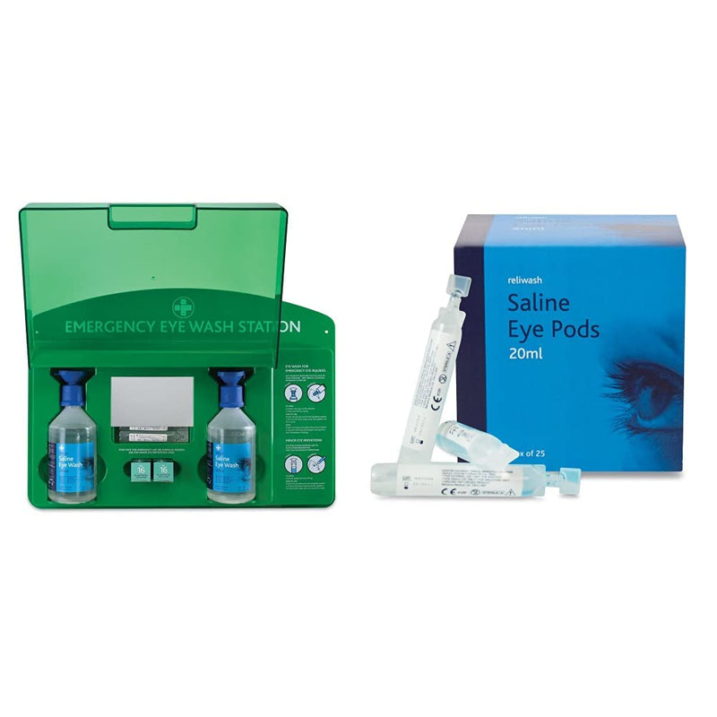 RELIANCE MEDICAL REL919 Complete Emergency Eye Wash Station with 20ml Pods/500ml Bottles/Eye Pads/Mirror & Reliwash Saline Eye Wash Pods 25 x 20ml 1 Count (Pack of 1) REL919 + Eye Wash Pods (Pack of 25) - BeesActive Australia