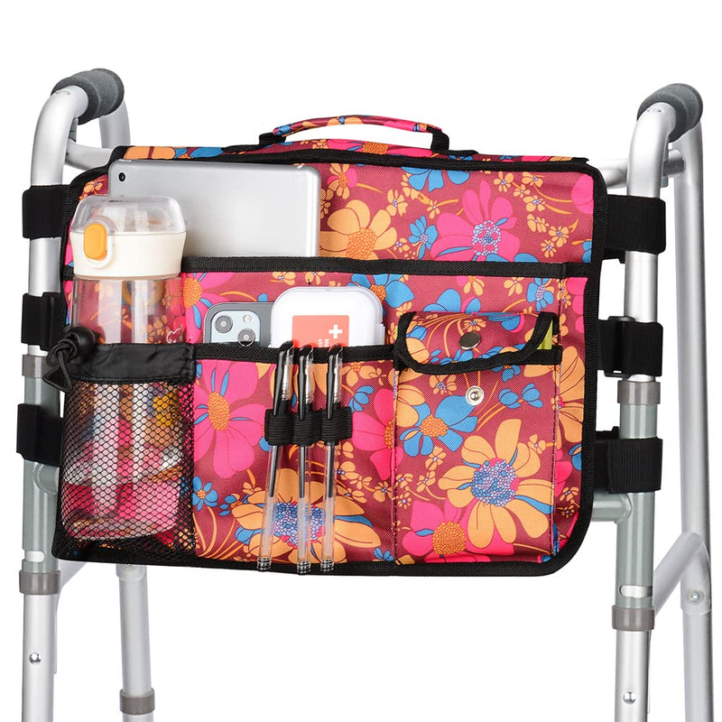 supregear Double Side Walking Frame Bag, Walker Basket with 9 Pockets and Large Compartment for Walker Rollator Wheelchair, Water Resistant Walker Organizer Pouch with Handle and Cup Holder (Floral) Floral - BeesActive Australia