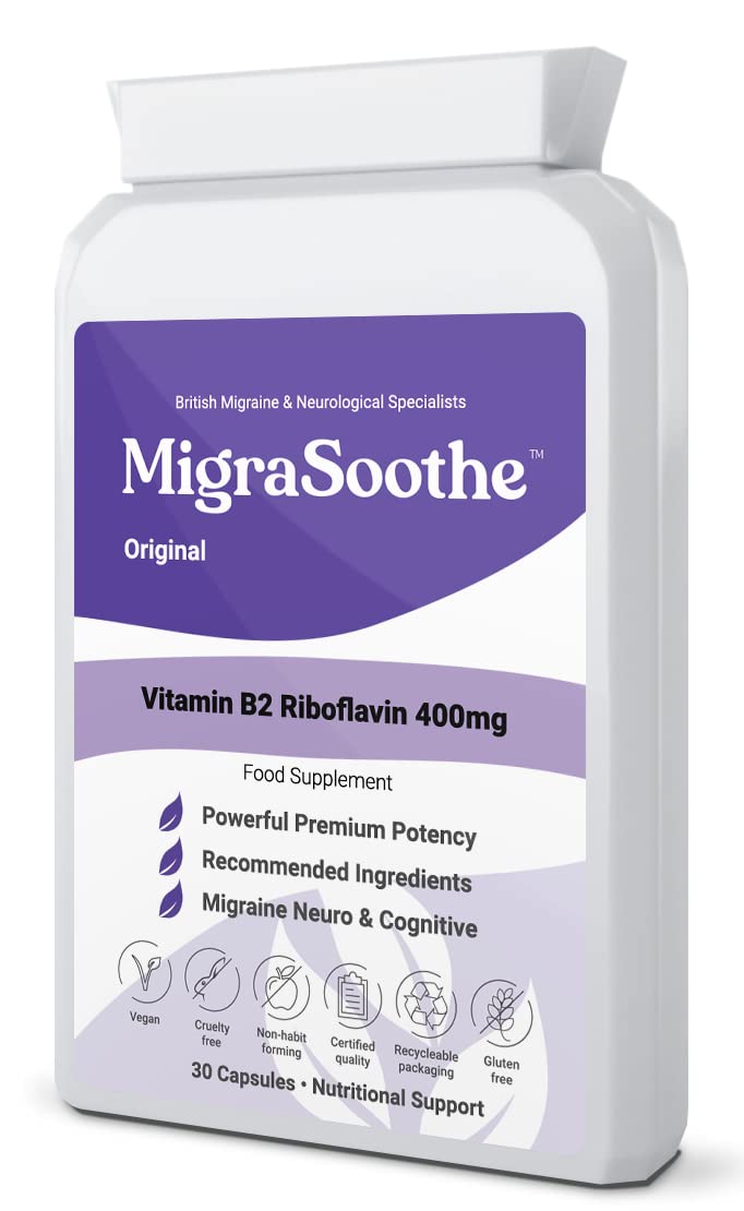 Premium Vitamin B2 Riboflavin 400mg per Capsule -Migrasoothe-B Pharma Manufacturing Standards UK Made Migraine Support, Stress, Tremors & Energy Vegan. Nice Recommended Vitamin B2 400 (30) 30 - BeesActive Australia