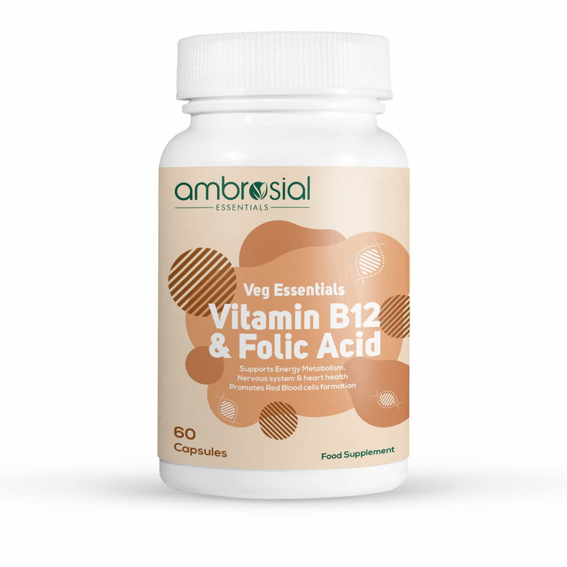 Ambrosial Vitamin B12 1000 mcg + 500 mcg Folic Acid | 1500 mcg | Folic Acid | Reduction of Tiredness & Fatigue | B12 Supplement | Immune System, Energy & Brain Support (Pack of 1-60 Capsules) 60 Count (Pack of 1) - BeesActive Australia