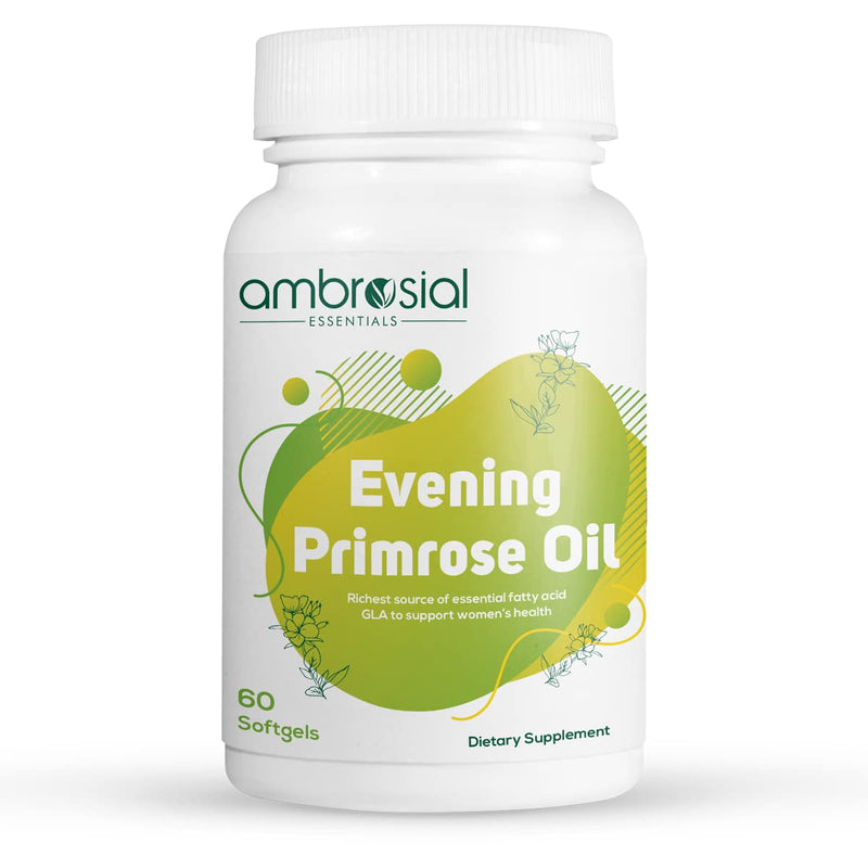 Ambrosial Evening Primrose Oil 1000mg (EPO) | Cold Pressed Evening Primrose Oil Capsules | Rich Source of Omega 6 Fatty Acids & GLA | High Strength Evening Primrose Capsules (Pack of 1-60 Softgels) 60 count (Pack of 1) - BeesActive Australia