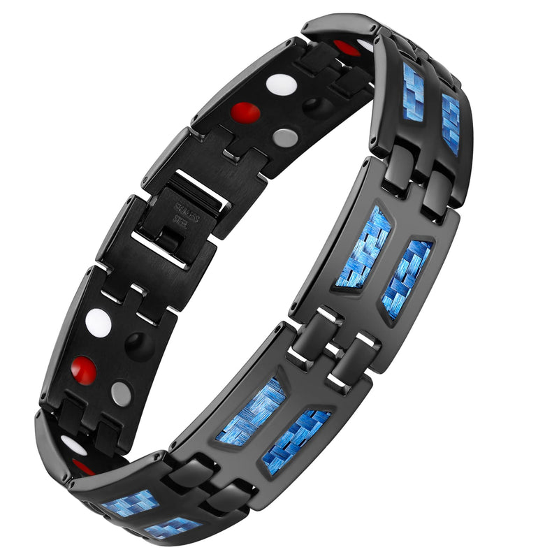 Jeracol Blue Carbon Fiber Titanium Steel Magnetic Bracelet for Men, 4 Element Double Row Strong Magnets,Size Adjustable Brazaletes Wristband with Removal Tool&Gift Box,Gift for Boyfriend Father's Day - BeesActive Australia