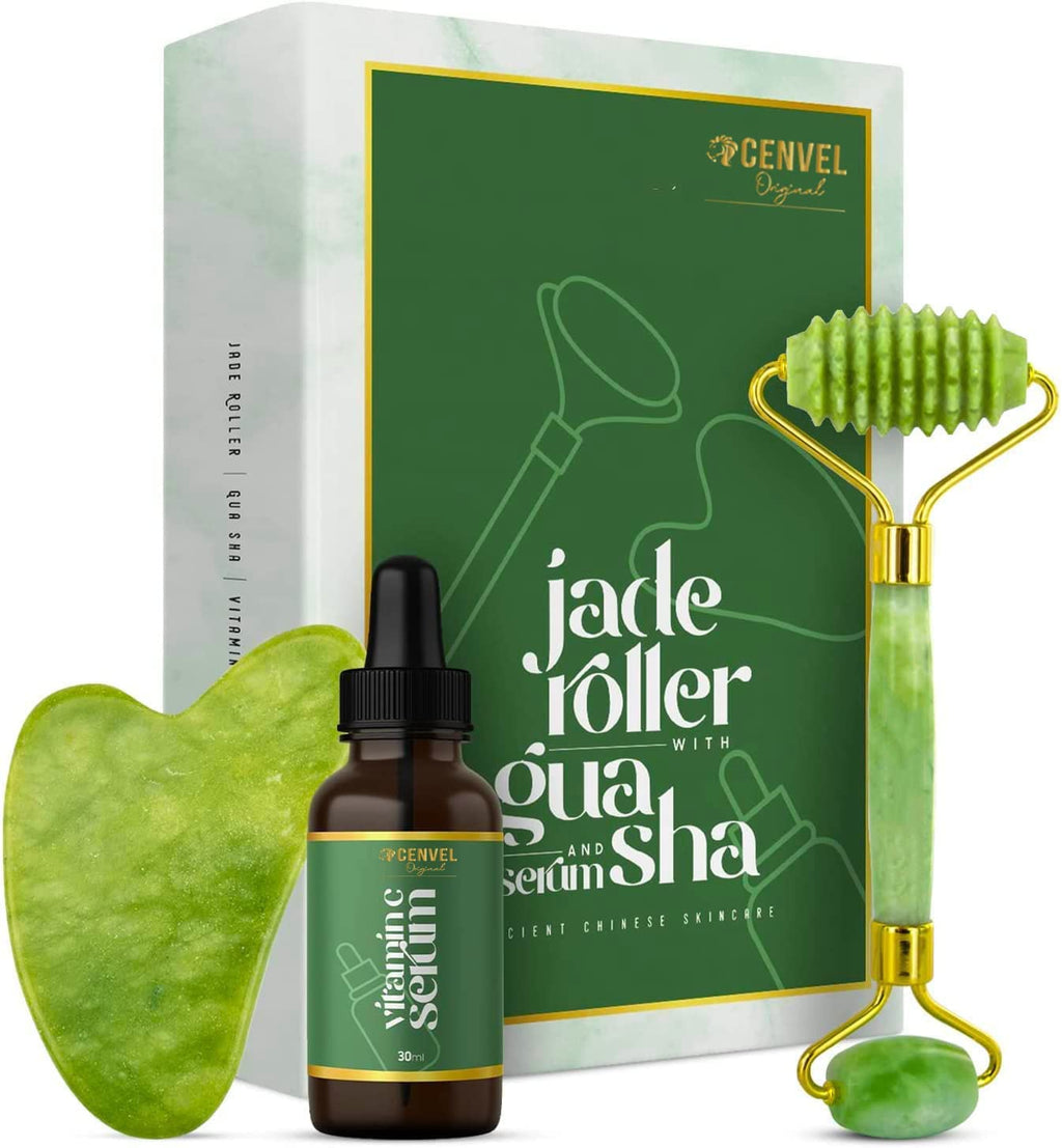 100% Natural Jade Stone Roller and Gua Sha Set with Vitamin C Serum | Great for Eye Puffiness Treatment, Skin Tightening, Anti Aging, Rejuvenate Face & Neck | Beauty Gift for Women (Green) Green - BeesActive Australia