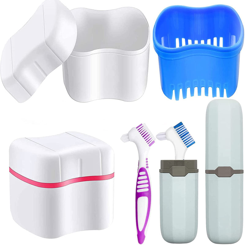 Denture Case Set, LONTOM 2 Denture Bath Cups 2 Denture Cleaner Brushes 2 Portable Toothbrush Box, Strainer Basket Retainers Denture Care Bath Box for Dentures, Braces, Mouth Guard Traveling (Random) - BeesActive Australia