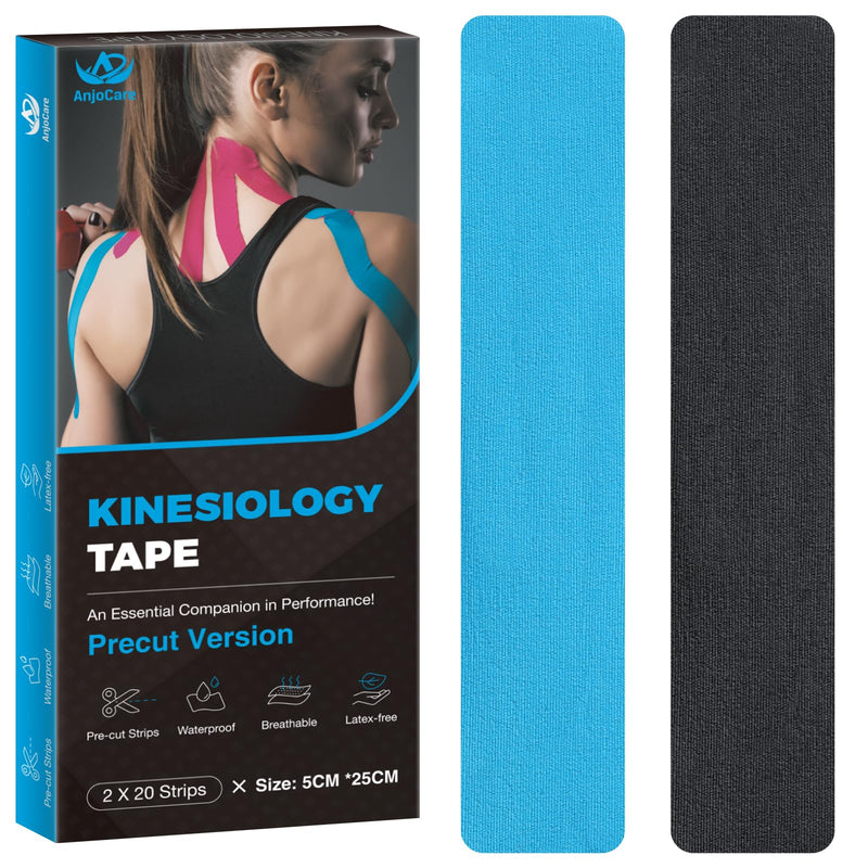 Kinesiology Tape Precut 2 Rolls, Elastic Kinesiology Therapeutic Tape for Physical Therapy, Sports and Injury Recovery, Athletic Sports Tape for Knee, Ankle & Shoulder (2 x 20 Strips) Blue + Black Precut(black+blue) - BeesActive Australia