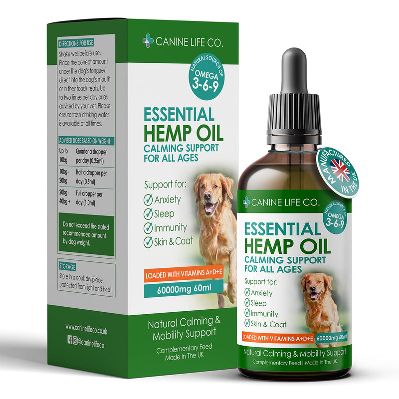 Canine Life Co.® Hemp Oil For Dogs 60ml, 60,000mg - Dog Calming Supplement - Dog Calming Drops - Omega 3,6,9 For Dogs - Supports & Maintains Healthy Joints - Made In The UK (1 Pot 60ml) 1 Pot (60ml)