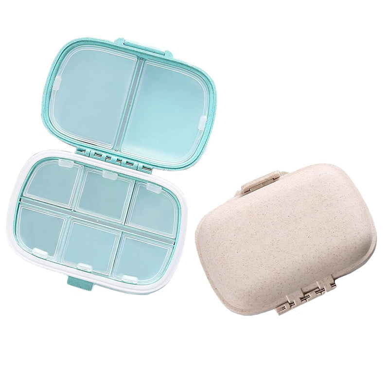 Daily Pill Box, Travel Pill Organisers, Portable Medicine Storage Box,Wheat Small Pill Dispenser with 8 Compartments for Purse.Waterproof White and Green Pill Case (2pcs (1* White + 1* Blue)) 2pcs (1* White + 1* Blue) - BeesActive Australia