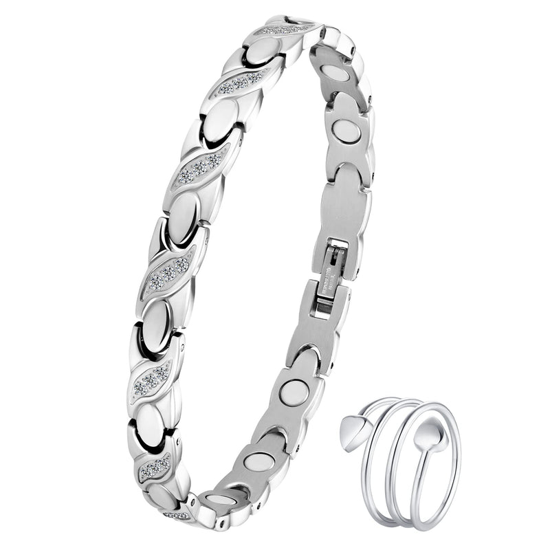 Jecanori Titanium Steel Magnetic Bracelets for Women, Women Magnetic Wristband and Magnetic Rings with Ultra Strength Magnets,Brazaletes with Removal Tool and Jewelry Gift Box for Mother's Day A-silver - BeesActive Australia