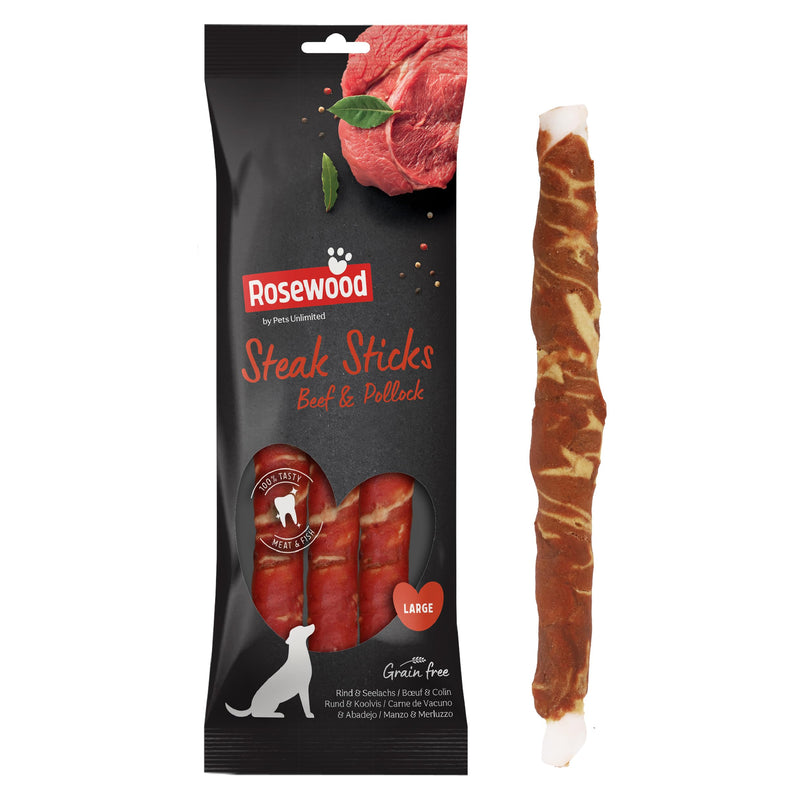 Rosewood Large Steak Sticks for Dogs - Made with Beef and Pollock, Grain Free Chews, High Protein Dog Treats, By Pets Unlimited (240g) 240 g (Pack of 1)