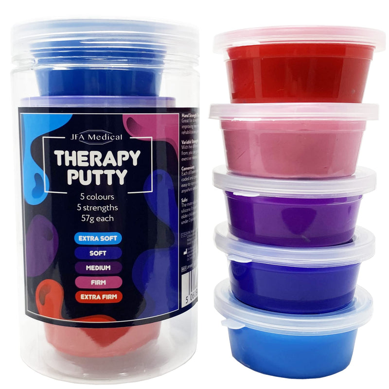 JFA Medical Therapy Exercise Putty 5 Strengths Alternative Colours - Extra Soft, Soft, Medium, Firm, Extra Firm 57g Tubs - BeesActive Australia