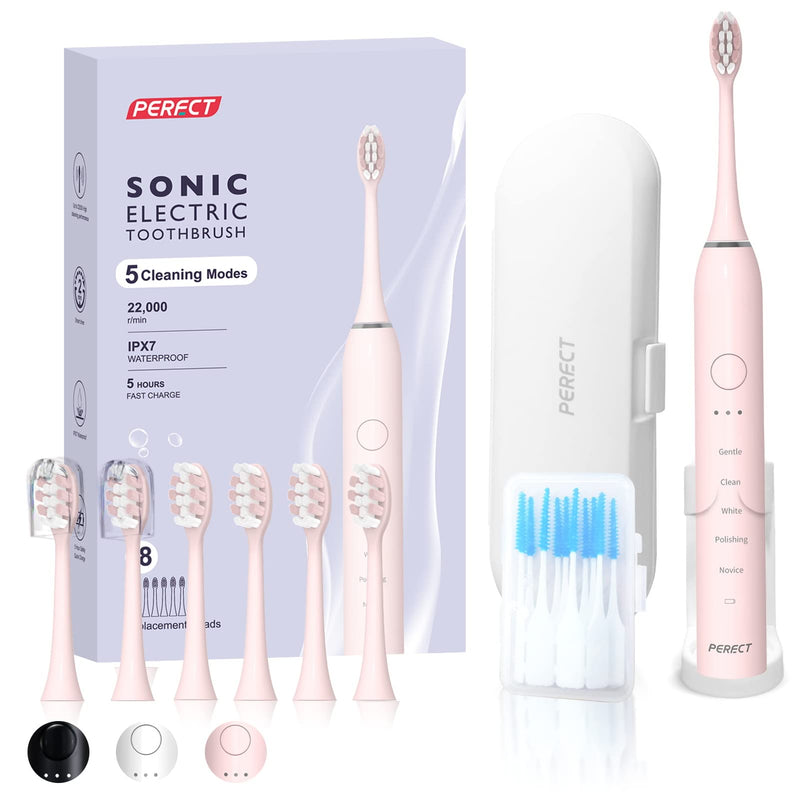 PERECT Ultrasonic Electric Toothbrush Adults with 6 Brush Heads, 5 Modes Electric Toothbrush, Travel Rechargeable Power Toothbrush with Smart Timer &Travel Case & Soft Picks, IPX7 Waterproof, Pink Light Pink - BeesActive Australia