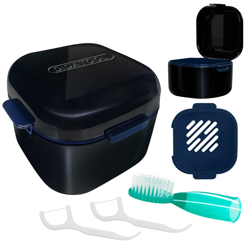 DIDATOOL Retainer Case, Denture Bath, Denture Cups for Soaking Dentures, Denture Pots with Lid, Easy to Carry and Clean Denture Case with Removable Rinse Basket and Finger Toothbrush (Black) Square Black - BeesActive Australia