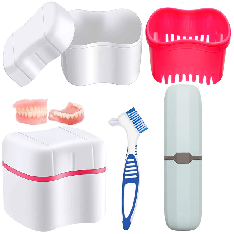 Hioph Denture Bath Box, Denture Brush Cleaner Cup with Rinsing Basket, Denture Retainer Mouth Guard Care Kit, Denture Bath Container Toothbrush Case for Travel Soaking and Cleaning Pink - BeesActive Australia
