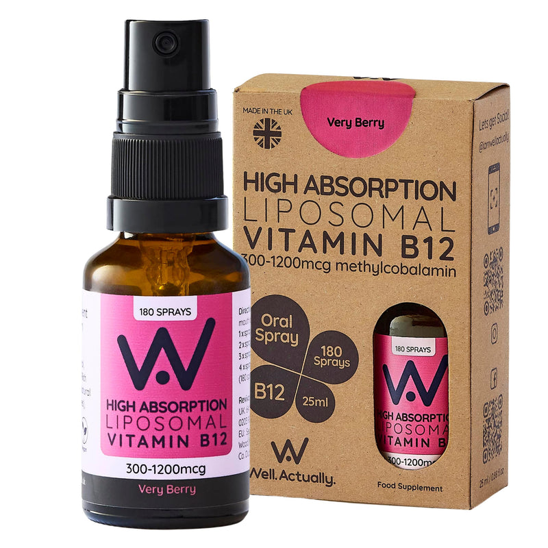 WELL ACTUALLY Liposomal Vitamin B12 Spray 1200mcg - 10X Better Bioavailability - High Absorption Vegan B12 Methylcobalamin Oral Spray for Energy, Brain, Immunity - Very Berry (180 Sprays) - BeesActive Australia